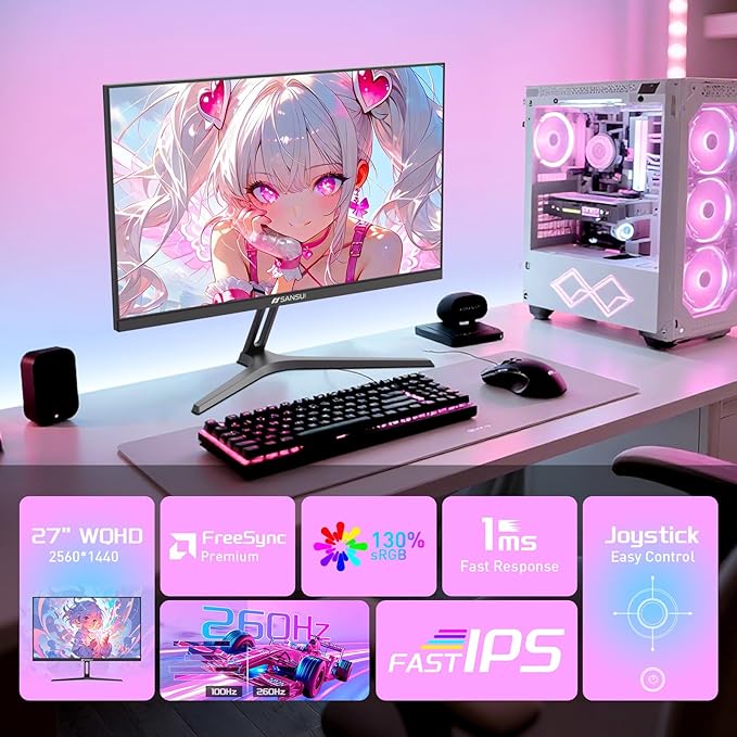 SANSUI Gaming Monitor 27" 1440p 260hz/240hz WQHD 2K - Fast IPS 1ms FreeSync Premium 丨DCI-P3 98% 丨sRGB130% 丨HDR10 丨2×DisplayPort 1.4丨2×HDMI2.0 PC Gaming Monitor with Crosshair