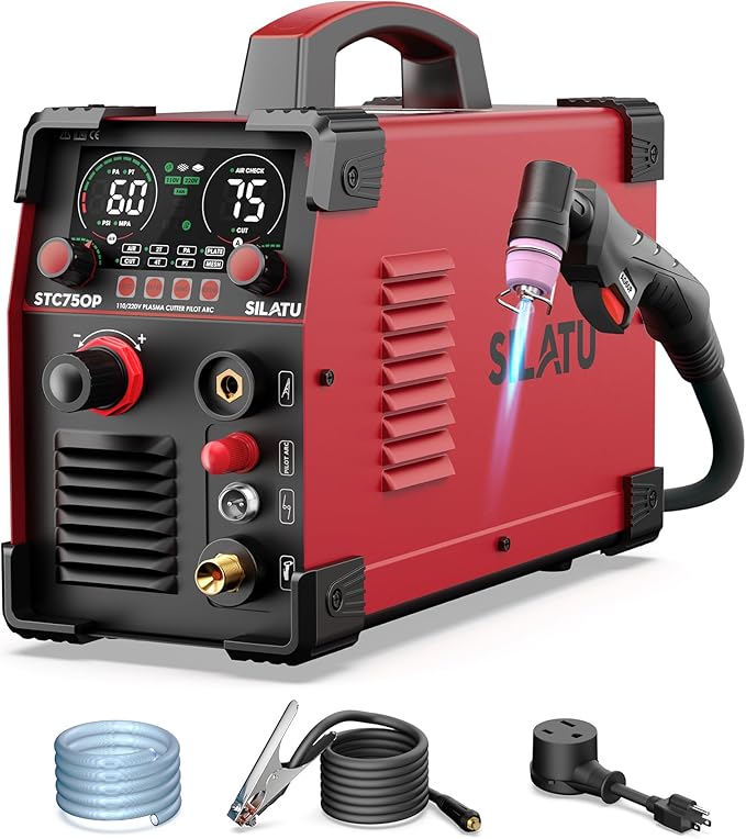 SILATU Plasma Cutter, 75Amps HF Non-Touch Pilot Arc Plasma Cutter Machine, 110/220V Dual Voltage Large LED Display Air Sensor Technology, 5/8'' Clean Cut 1'' Max Cut, PT/2T/4T for Beginners DIY (Red)