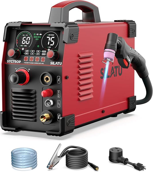SILATU Plasma Cutter, 75Amps HF Non-Touch Pilot Arc Plasma Cutter Machine, 110/220V Dual Voltage Large LED Display Air Sensor Technology, 5/8'' Clean Cut 1'' Max Cut, PT/2T/4T for Beginners DIY (Red)