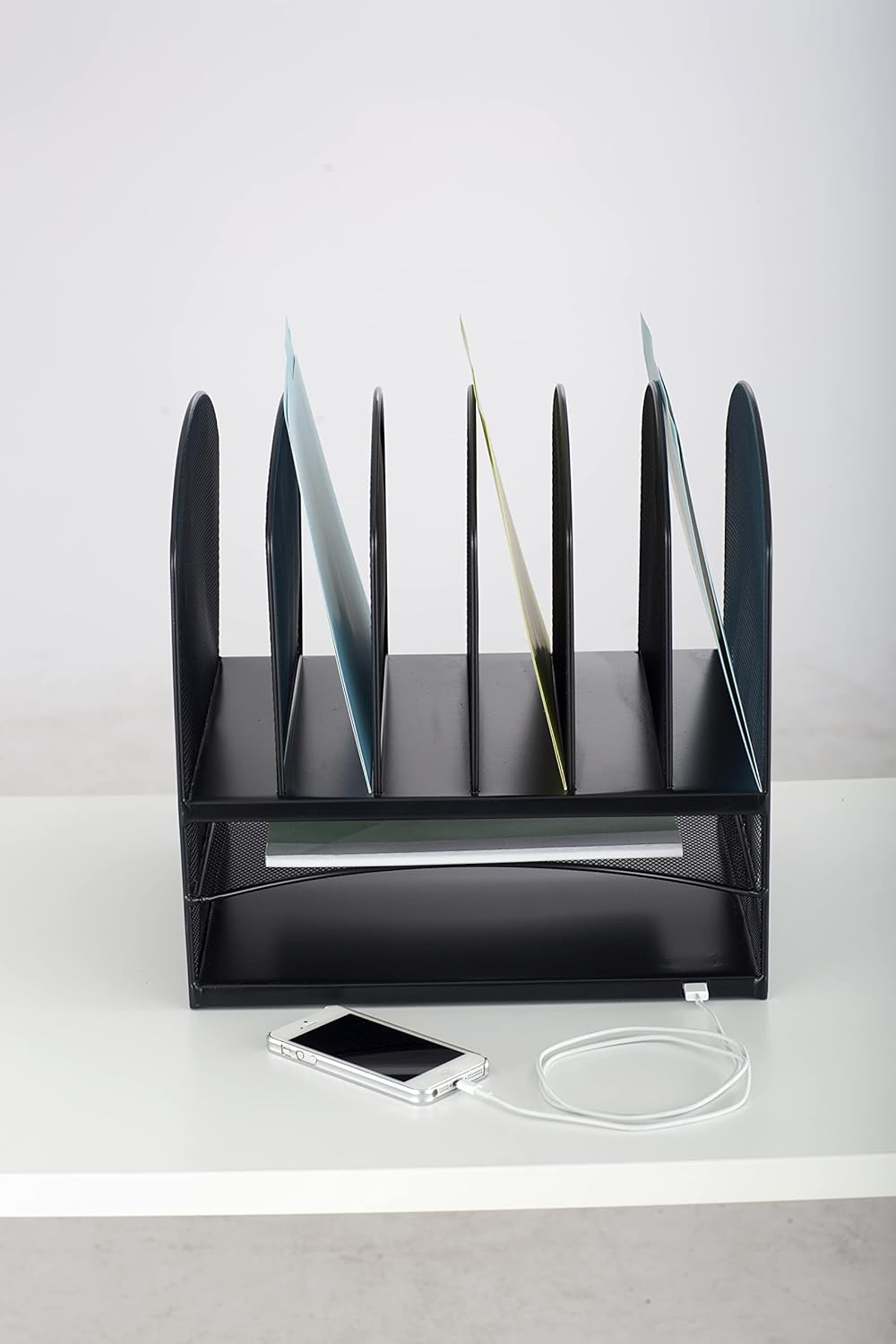 Safco 3233BL Onyx Mesh Powered Charging Station Desktop Organizer with 6 Vertical, 2 Horizontal Sections and USB Port, Black, 13.25"W x 11.5"D x 13"H