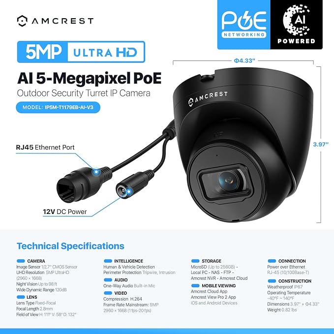Amcrest 5MP Turret POE Camera, UltraHD Outdoor IP Camera POE with Mic/Audio, 5-Megapixel Security Surveillance Cameras, 98ft NightVision, 132° FOV, IP67, MicroSD (256GB) Black IP5M-T1179EB-AI-V3