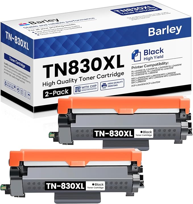 TN830XL 2PK Black High Yield Printer Toner Cartridge Compatible TN830XL TN 830XL Toner Cartridge Replacement for Brother TN830XL TN-830XL TN830 TN 830 Toner Cartridges HL-L2460DW DCP-L2640DW (2 Pack).