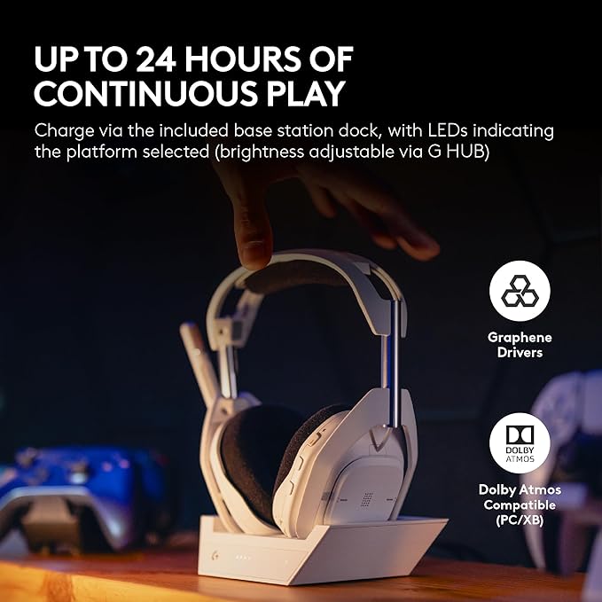 Logitech G Astro A50 X Multi-Platform Wireless Gaming Headset + Base Station for PS5/Xbox/PC: PLAYSYNC Video & Audio Switcher, HDMI 2.1 4K 120Hz VRR, <24bit/48kHz, 24hr Battery, 2.4GHz & BT - White