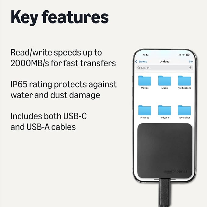Amazon Basics Portable External SSD, External Solid State Drive 2TB, speeds up to 2000MB/s, USB 3.2 Gen 2, IP65 Water & Dust Resistant, Black