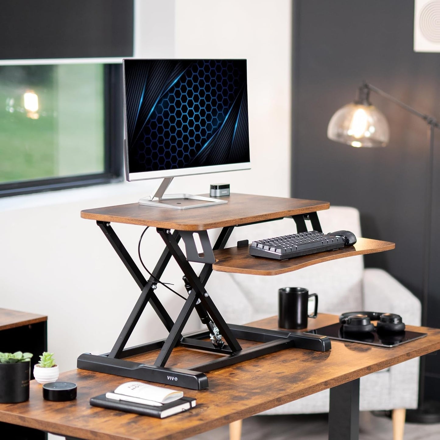 VIVO 26 inch Desk Converter, K Series, Height Adjustable Sit to Stand Riser, Dual Monitor and Laptop Workstation with Keyboard Tray, Rustic Vintage Brown Top, Black Frame, DESK-V026KN