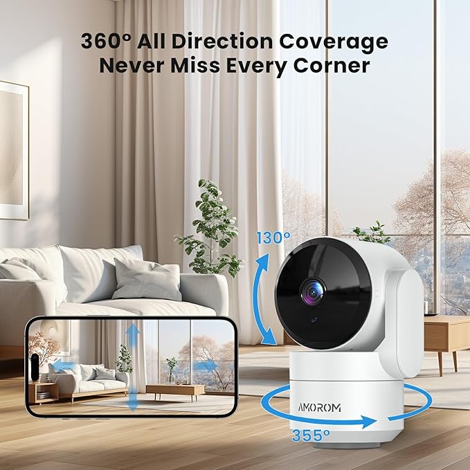 Indoor Camera for Home Security 360°, 1080p Pet Cameras with Pan&Tilt, Night Vision, Motion Detection, 2-Way Audio, Compatible with Alexa/Google Assistant, 2.4GHz WiFi, 2 Pack