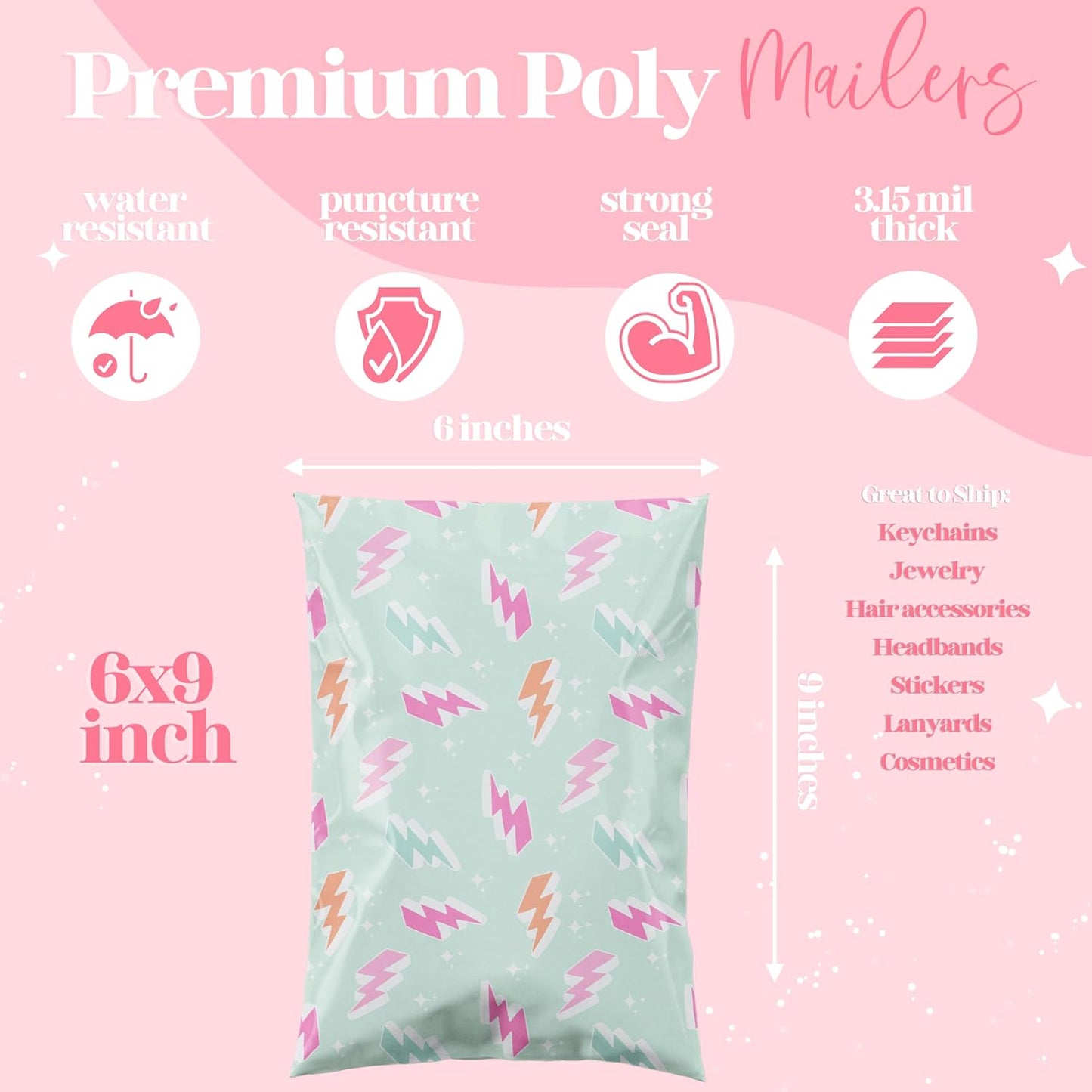 10x13 Designer Poly Mailer 100 Pack Heavy Duty Waterproof Self Seal Shipping Bags for Small Business Large Mailing Envelopes Bulk Tear Resistant Cute Packaging Lightning Bolt