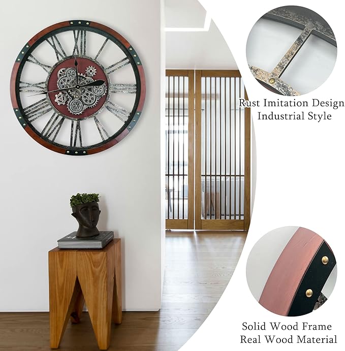 36 Inch Moving Gear Wall Clock, Oversized Wall Clocks, Clock Living Room Decor, Solid Wood Frame, Battery Operated, Large Wall Clock with Industrial for Fireplace(Black Walnut)