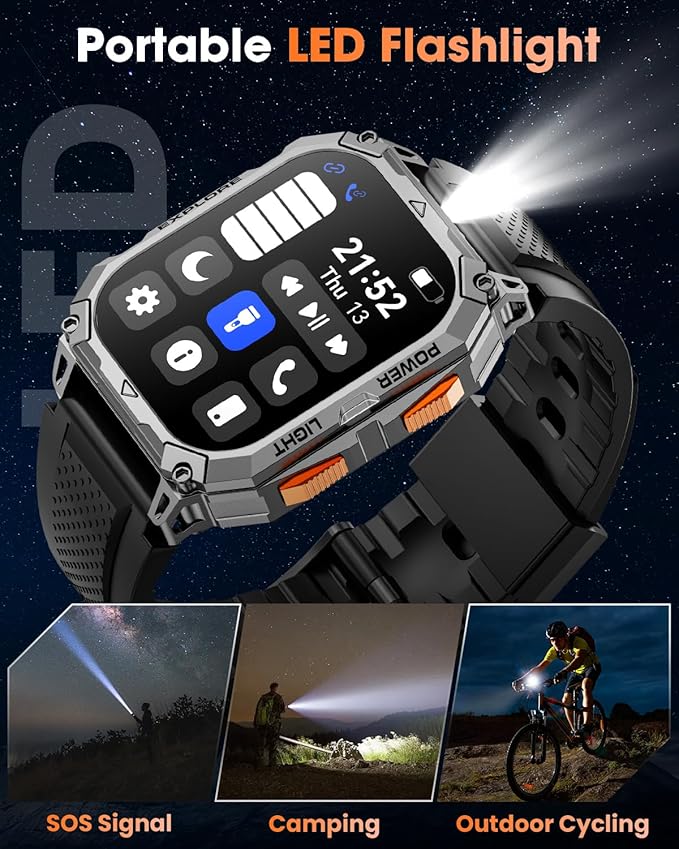 Military Smart Watches for Men, 2.01" HD Smartwatch with 1000 mAh Battery/2 Straps/Answer/Make Call/Led Flashlight/Heart Rate/Sleep Monitor, 100+ Sport Modes Fitness Tracker for Android/iPhone