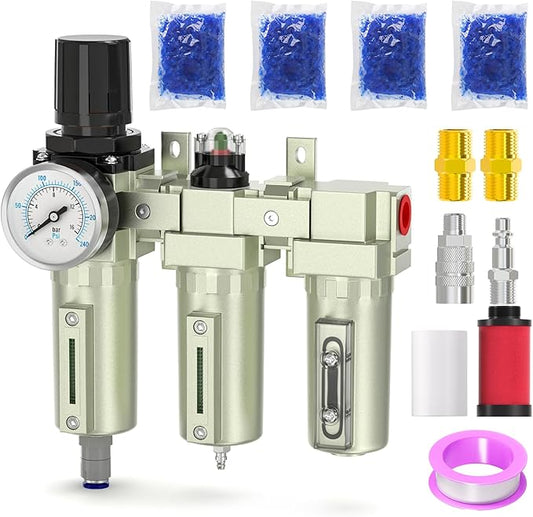 Industrial Grade 3-Stage Air Drying System, 1/2" NPT with Auto Drain, Desiccant Dryer, Air Regulator, Particulate Filter and Coalescing Filter for Paint Spray, Plasma Cutter