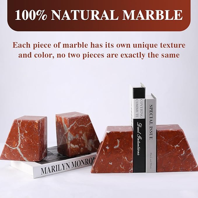 Marble Book Ends Decorative, Unique Bookends for Shelves，Bookends to Hold Heavy Books Durable Book Holder Stopper for Home Office Desk Bookshelf Decoration, Set of 2, Rosso Francia