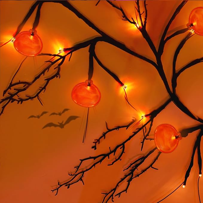 [ 8 Modes & Timer ] Halloween Willow Vine Twig Decor Garland with Pumpkins, 6 FT 54 LED Battery Operated for Indoor Halloween Decorations Home Mantle Fireplace