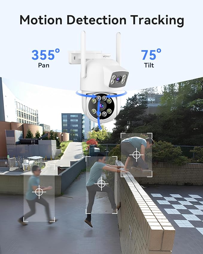Security Camera System Wireless Outdoor with 12" Monitor, 4pcs 2K Dual Lens Cameras for Home & Business Surveillance, 360° PTZ, 2.4G/5G WiFi, Human Detection, Auto Tracking, 16CH NVR, 500G HDD