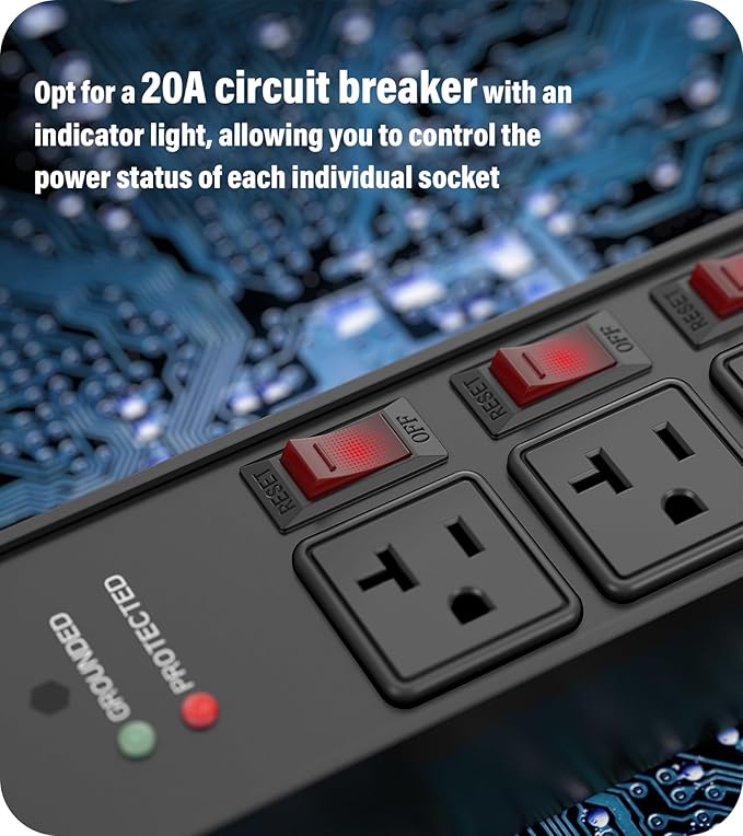CCCEI Heavy Duty Surge Protector Power Strip 20 Amp Individual Switches. 25FT 12 Gauge Extension Cord with Multiple Outlets. Kitchen, Garage, Shop, Industrial Wall Mount Electric Extender, Black.