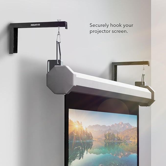 Mount-It! Projector Screen Wall Mount L-Brackets - Extra Large Wall and Ceiling Hanging Bracket for Home Projector and Movie Screens, 12 inch Mounting Hooks, 1 Pair, Black, 66 Lb Each Capacity