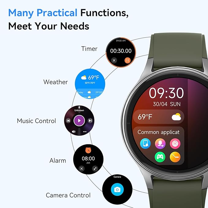 Smart Watches for Men/Women, 1.27" HD Smartwatch Fitness Tracker with Bluetooth Calls (Make/Answer), Heart Rate/SpO2/Sleep Monitor, 12 Days Battery, IP68 Waterproof - Green