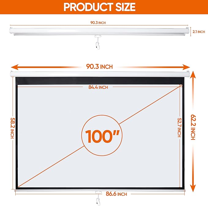 SUPER DEAL 100'' 16:10 HD Projection Screen Foldable Anti-Crease Portable Projector Movie Screen Manual Pull Down for Home Theater Presentation Education Outdoor Indoor Public Display, White