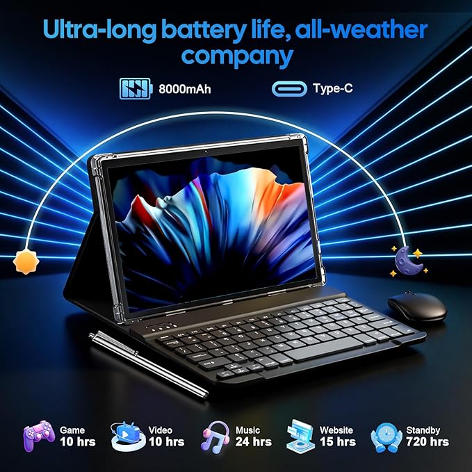10 Inch Android 15 Tablet with Keyboard, 26GB RAM+256GB ROM(2TB Expand), 2-in-1 Tablet with 8000mAh Battery, 2.4G/5G WiFi, Widevine L1, Dual Camera, Split Screen, Mouse, Stylus, Case(Green Case)