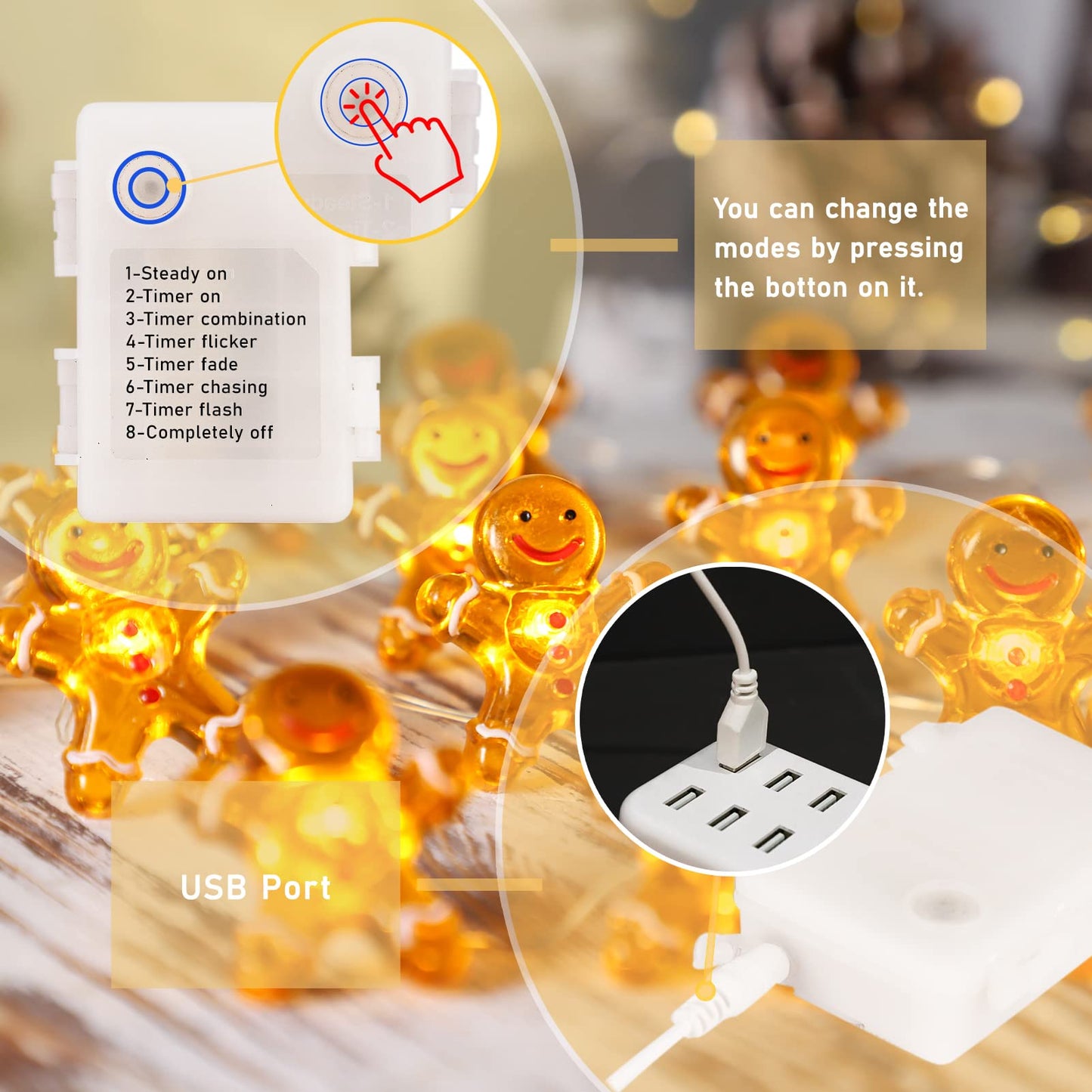 FLAVCHARM Christmas String Lights, Battery/USB Operated, Gingerbread Design, Remote Control, Light Amber