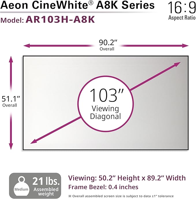 Elite Screens Aeon CineWhite A8K, 103" Diag, 16:9 Aspect Ratio, ISF Certified 8K Ultra HD Home Theater Fixed Frame Edge Free Projection Sound Transparent Perforated Weaved Screen, AR103H-A8K