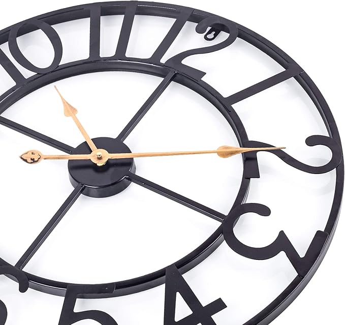 BEW 24 Inch Metal Clock, Large Cut-Out Farmhouse Decorative Wall Clock Battery Operated, Silent Non-Ticking Indoor Outdoor Iron Wall Clock for Living Room, Patio