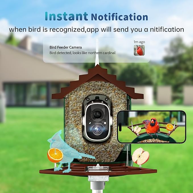 Smart Bird Feeder with Camera Solar Powered & AI Bi rd Identification, 2.4Ghz WiFi Bird feeders for Outdoors, 2K Live Video, Nstant Arrival Alerts - Dark red-Green