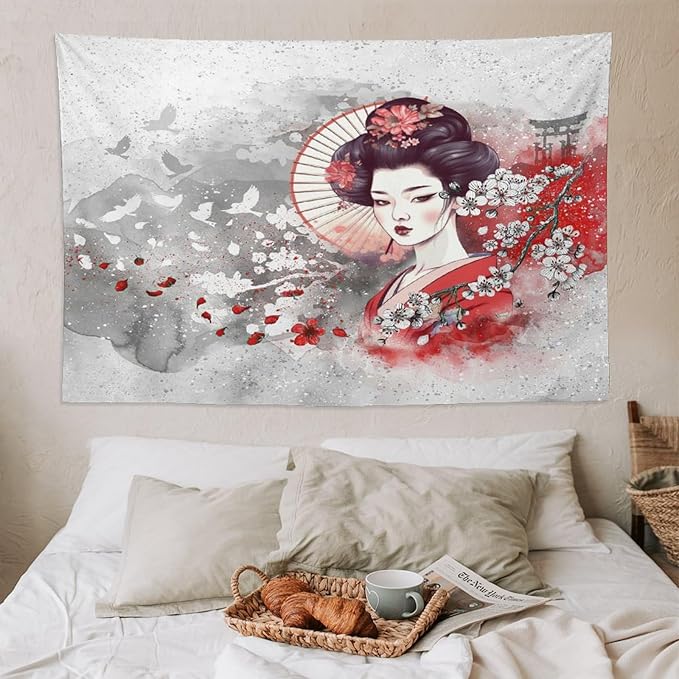 Japanese Geisha Tapestry Asian Red Cherry Blossom Traditional Kimono Folk Tapestries Home Decor for Living Room Bedroom Apartment Farmhouse Dorm 90"x60"