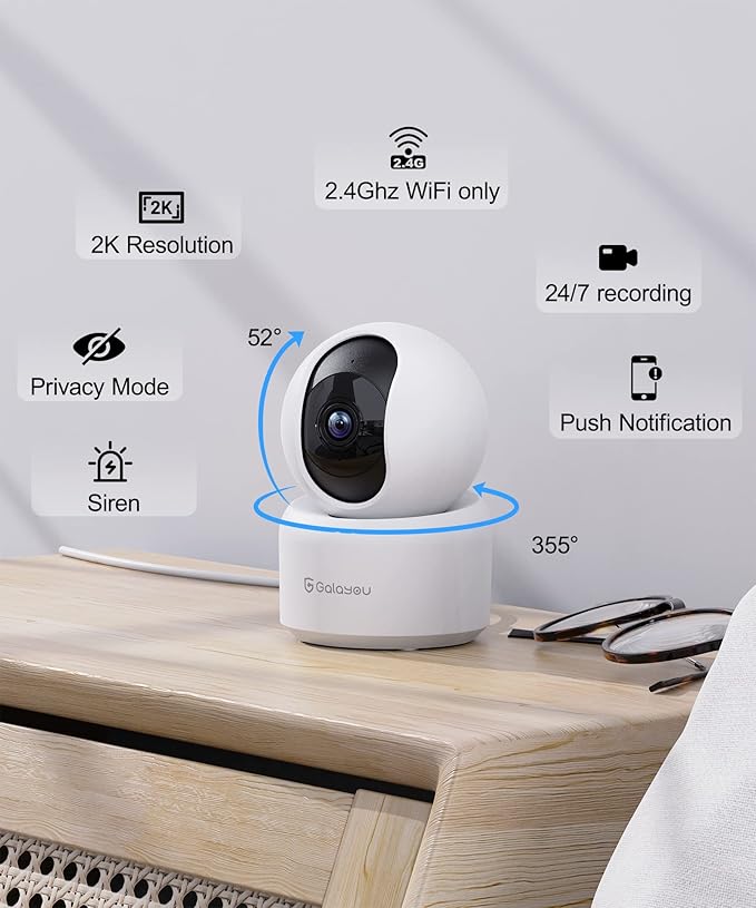 GALAYOU Indoor Security Camera 2K, Pet Camera, 360 Degree 2.4G WiFi Home Security Camera for Baby/Elder/Nanny with Night Vision, Siren, 24/7 SD Card Storage, Works with Alexa and Google Assistant G2