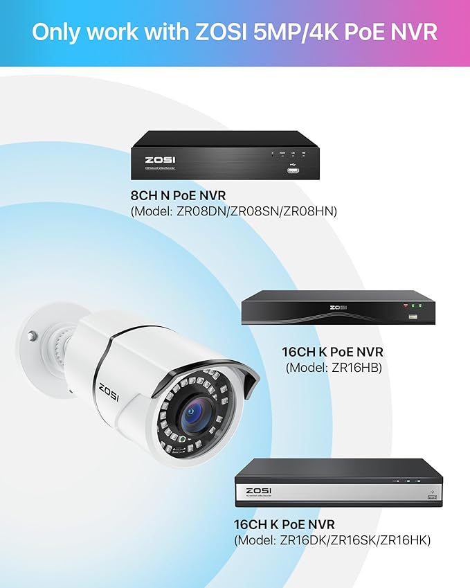 ZOSI ZG2615E 5MP PoE IP Camera Bullet Camera with Night Vision for Outdoor Indoor Power Over Ethernet Surveillance System,Only Work with ZOSI PoE NVR,ZR16DK,ZR08EN,ZR08DN,ZR08PN