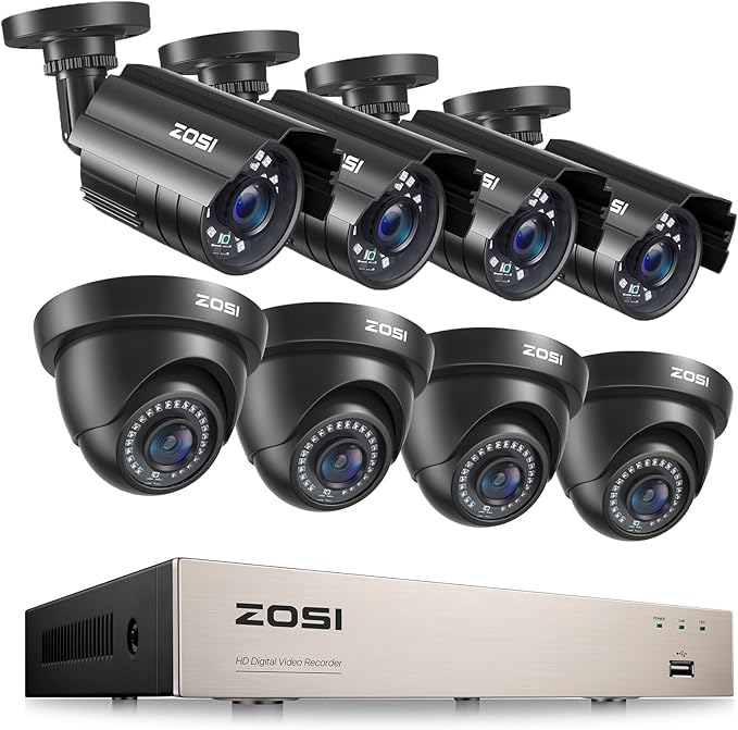ZOSI 8CH Security Camera System, AI Human/Vehicle Detection, Night Vision, 3K Lite 8 Channel CCTV DVR Recorder with 8pcs 1920TVL 2MP Outdoor Weatherproof Video Surveillance Cameras, NO Hard Drive