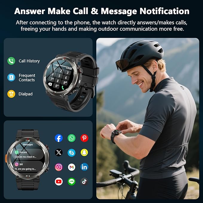 IOWODO Military Smart Watch for Men -100-Day Long Battery Life,Fitness Tracker with LED Flashlight/Compass,Heart Rate Monitor,120+ Sports Modes,IP68 Waterproof,Bluetooth Call Smartwatch for iOSAndroid