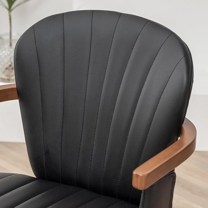 LUNLING Swivel Dining Room Chairs Set of 2, Mid Century Modern Black Faux Leather Kitchen Chairs with Arms,Bamboo Legs Side Chairs No Wheels,Accent Chair for Dining Rooms and Offices