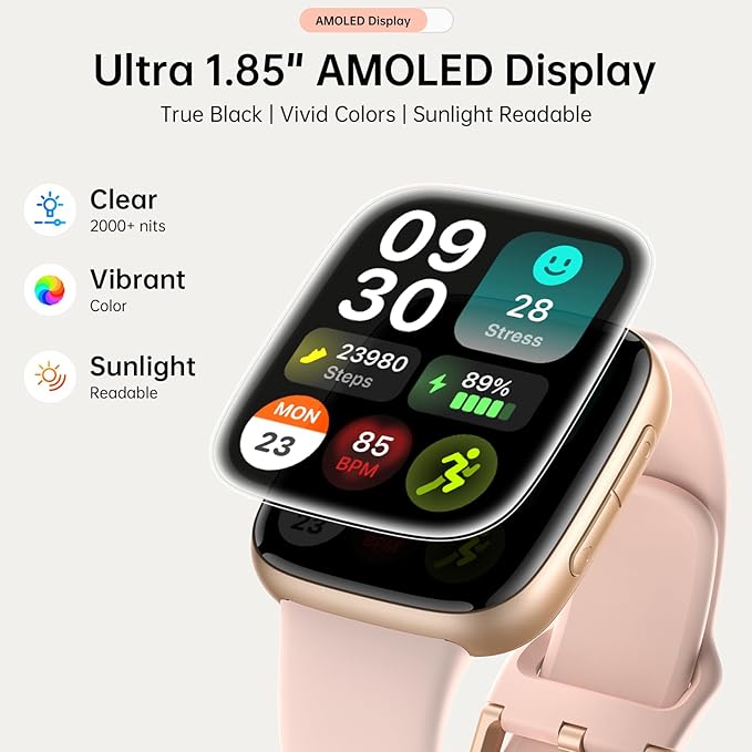 Latest Smart Watches for Women & Men - Performance Upgraded, 1.85-inch AMOLED HD Display (390x450), 12-Day Battery Life, 3ATM Waterproof (30m), Call, Health Monitoring, Fitness Tracker (Pink)