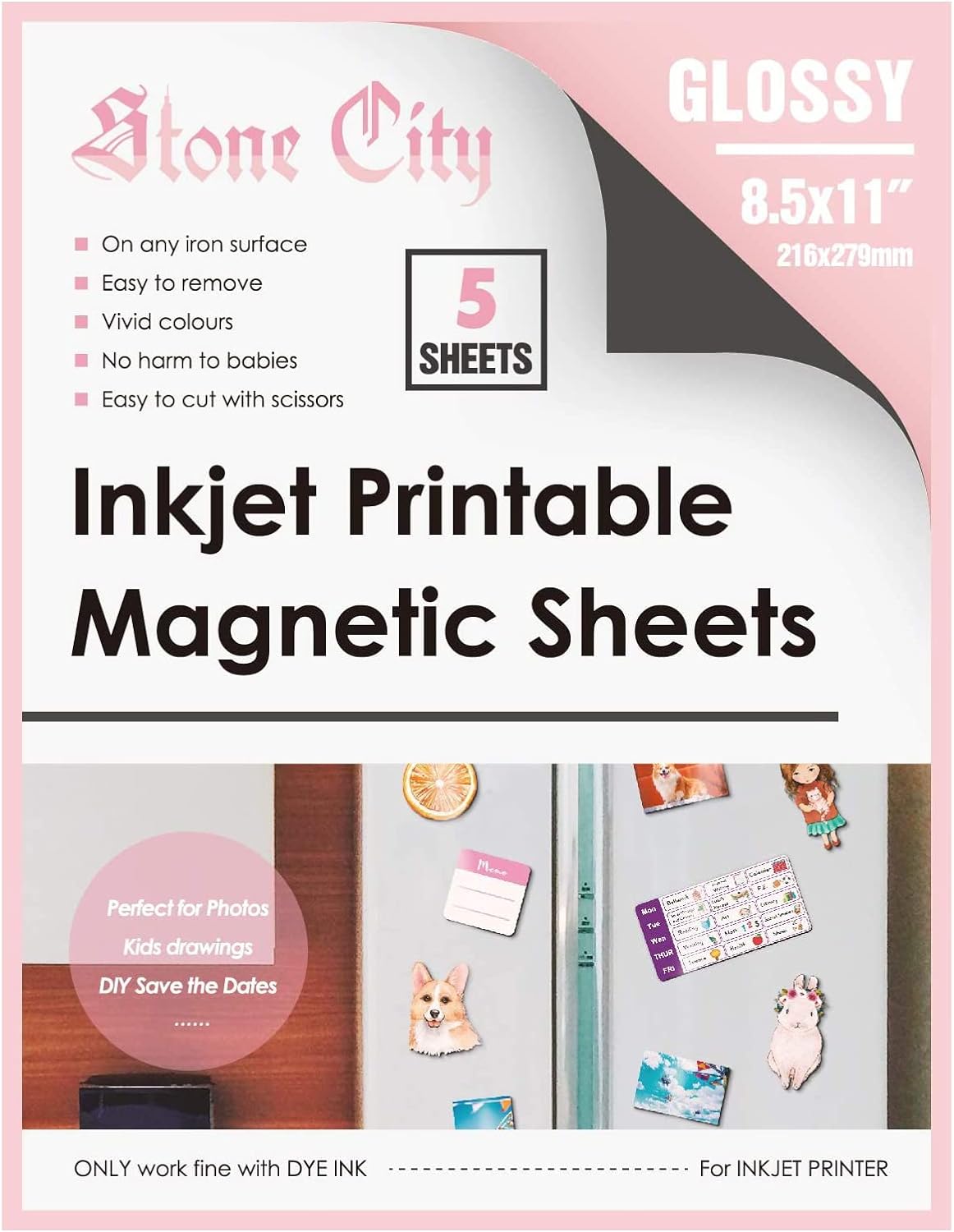 Stone City Printable Magnetic Sheets Make Refrigerator Photo Magnet Glossy Print Paper 12mil Thickness for Inkjet Printers 8.5x 11 Inches 5 Sheets