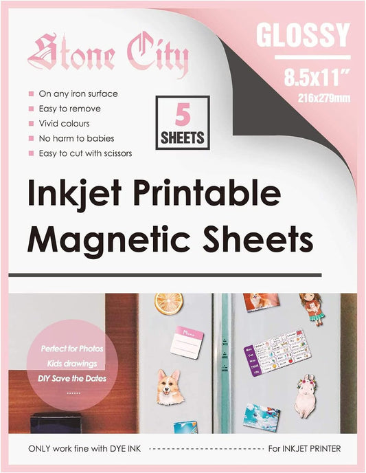 Stone City Printable Magnetic Sheets Make Refrigerator Photo Magnet Glossy Print Paper 12mil Thickness for Inkjet Printers 8.5x 11 Inches 5 Sheets