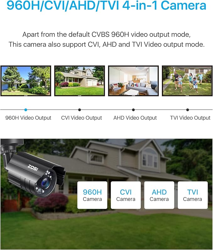 ZOSI 1080P CCTV Camera Outdoor Indoor Hybrid 4 in 1 HD TVI/CVI/AHD/CVBS Home Security Cameras System,Night Vision,Waterproof Metal Housing Bullet Cam For 960H,720P,1080P,5MP,4K analog Surveillance DVR