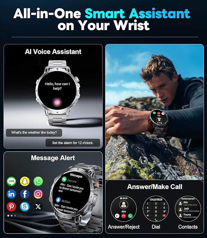 LIGE Military Smart Watches for Men with 1000 mAh Battery, 1.85" HD Touch Screen Smart Watch with Flashlight/50M Waterproof/,110+ Sports Fitness Tracker Watch,Pedometer Mens for Android iPhone