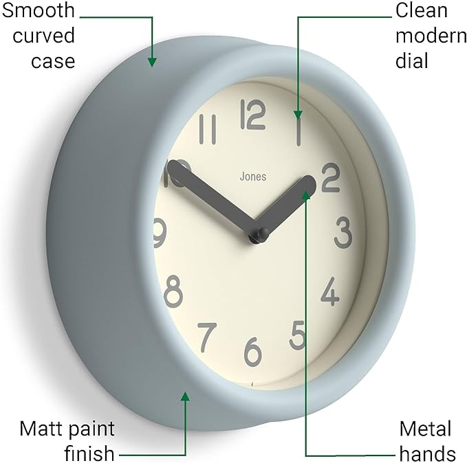 JONES CLOCKS® Fuze Wall Clock | Small Round Clock | Pale Blue | Playful Modern Design with Soft sculptural Presence | Ideal for Kitchens Living Rooms Kid's bedrooms