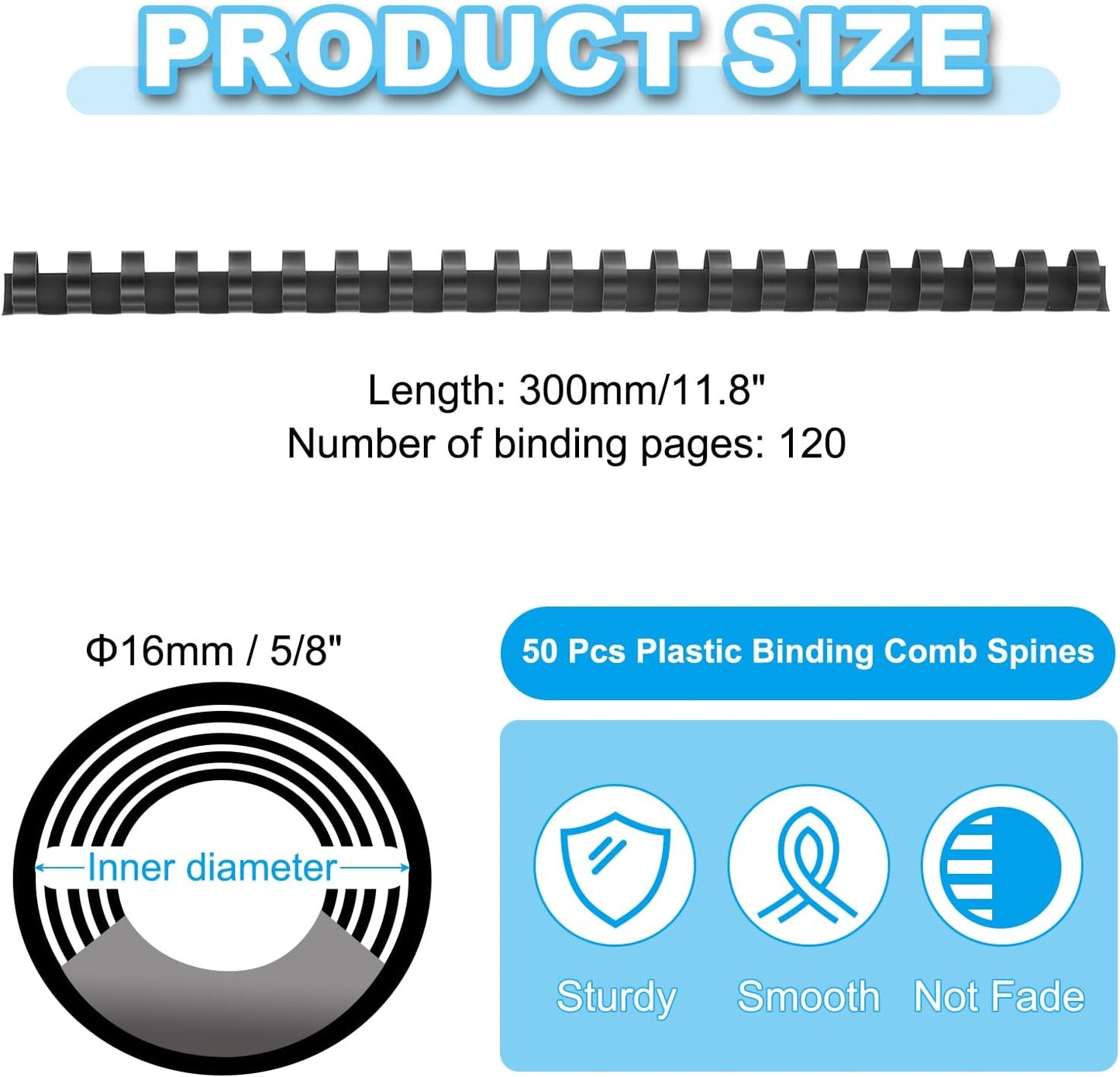 PATIKIL 16mm (5/8") Plastic Binding Combs, 50 Pcs 21 Rings Comb Binding Spines 120 Sheet Capacity Letter Size for Binding Paper Sheets Notebook Calendar Picture Album, Black