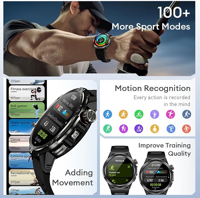 AOLON Smart Watch for Men (Answer/Make Call with 1.43'' AMOLED Display, IP68 Waterproof, 30+ Days Battery Life with100+Sport Modes Fitness Watch, Compass, Heart Rate, SPO₂ & Sleep Monitor（Black）