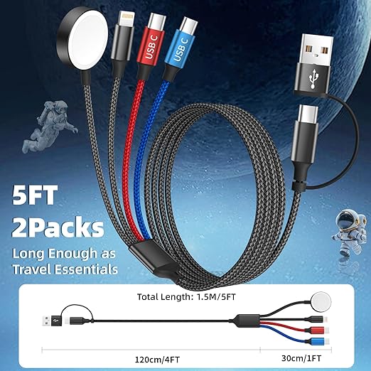 Dual Type-C Port 4 in 2 Multi Charging Cable for Apple iWatch Charger/iPhone 17/Lightning, Travel Charger for Multiple Devices, Christmas Gift for iWatch Ultra/SE/10-1, iPhone16-8, iPad - 2Pcs 5FT