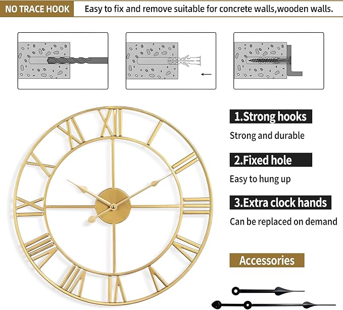 Large Wall Clock For Living Room Decor - 80cm/ 32 Inches Nearly Silent Non-Ticking Metal Wall Clocks Battery Operated, Vintage Decorative Modern Wall Clock For Bedroom, Office, Farmhouse Decor