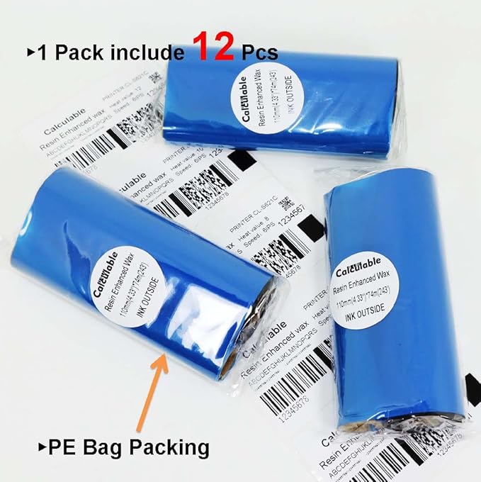 12 Count 4.33" x 243' (110mmx74m) Thermal Wax Ribbons 1/2" Core Thermal Transfer Wax Ribbon for Zebra,TEC,DATAMAX,INTERMEC,Avery,Citizen,SATO,TSC,GODEX,ARGOX