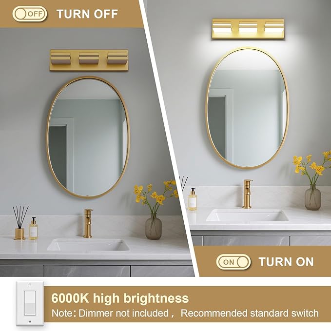 Modern LED Small Bathroom Lights Fixtures(3-Light),Metal Gold Acrylic Wall Lighting,Vanity Lights for Bathroom Over Mirror(6000k 16in)