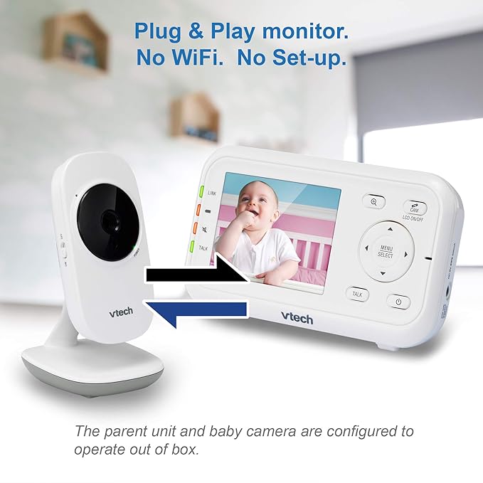 VTech VM3252 No WiFi Video Baby Monitor - 2.8" Screen, 1000ft Long Range, Auto Night Vision, 2-Way Talk, Temperature Sensor, Lullabies
