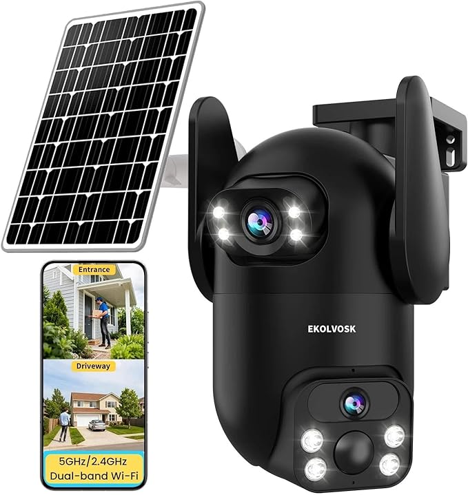 Solar Security Cameras Wireless Outdoor, Dual Lens 2K 360° View Cameras for Home Security, 2.4/5 GHz Wi-Fi, 2-Way Audio, Night Vision, Motion Detection, SD/Cloud Storage, IP65 Outdoor Camera