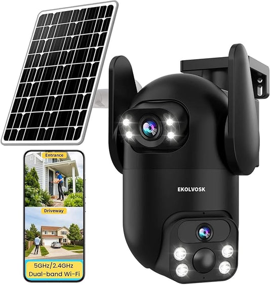 Solar Security Cameras Wireless Outdoor, Dual Lens 2K 360° View Cameras for Home Security, 2.4/5 GHz Wi-Fi, 2-Way Audio, Night Vision, Motion Detection, SD/Cloud Storage, IP65 Outdoor Camera