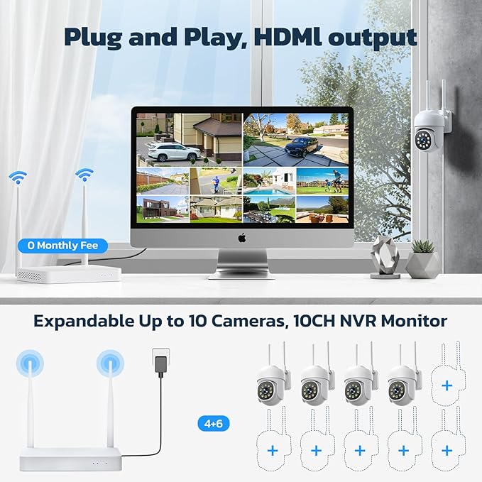 Security Cameras Wireless Outdoor,5MP Color Night Vision Home Security Camera System Wireless with Auto Tracking,Up to 10CH,360° PTZ,2-Way Audio,2.4/5GHz WiFi, for Home & Business Surveillance Kits