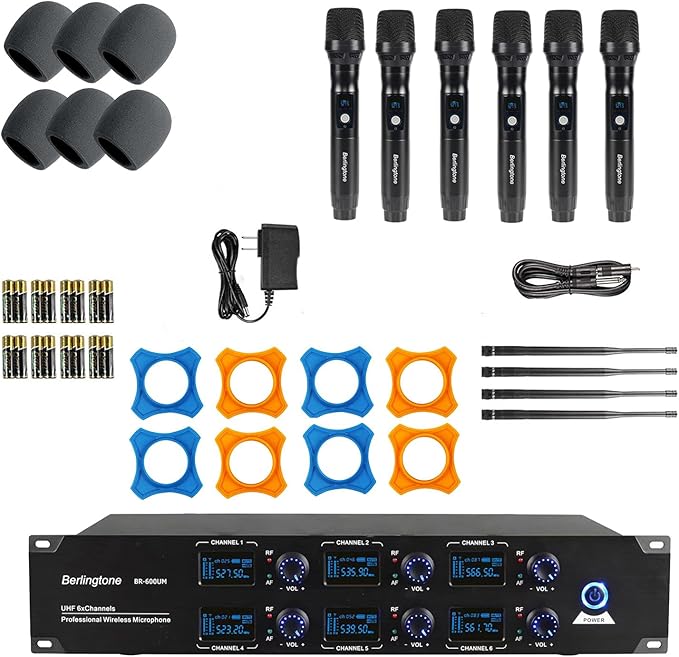Berlingtone) 6-Channel UHF Wireless Microphone System Cordless Mic with Metal Handheld, Fixed Frequency Channel, Dynamic Microphone for Karaoke, Church, Singing, DJ, 262ft Range (BR-600UM)
