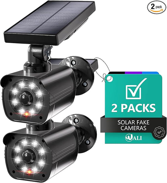 WALI Dummy Fake Camera, Security Camera with Motion Sensor Flood Light, Simulated Surveillance Security CCTV Dome Camera Indoor Outdoor (TCB2-SOL), 2 Packs, Black-Solar